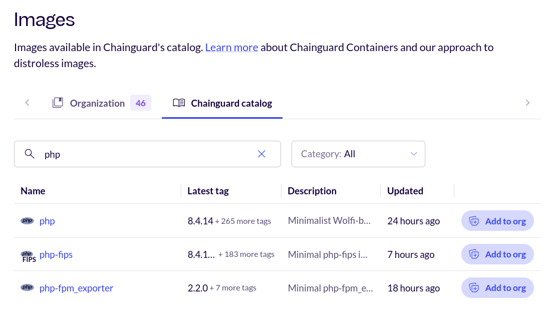 Screenshot showing the 'Chainguard catalog' tab, with the list filtered to only include images with 'php' in their name.