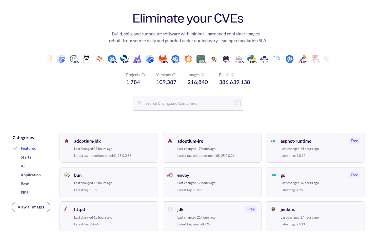 Screenshot of the Chainguard Containers Directory landing page, showing nine cards representing nine featured container images. The 'Featured' category is selected in the left-hand menu.